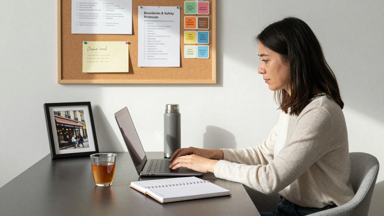 A professional woman in her home office in Paris, organizing client appointments with notes and safety protocols visible.