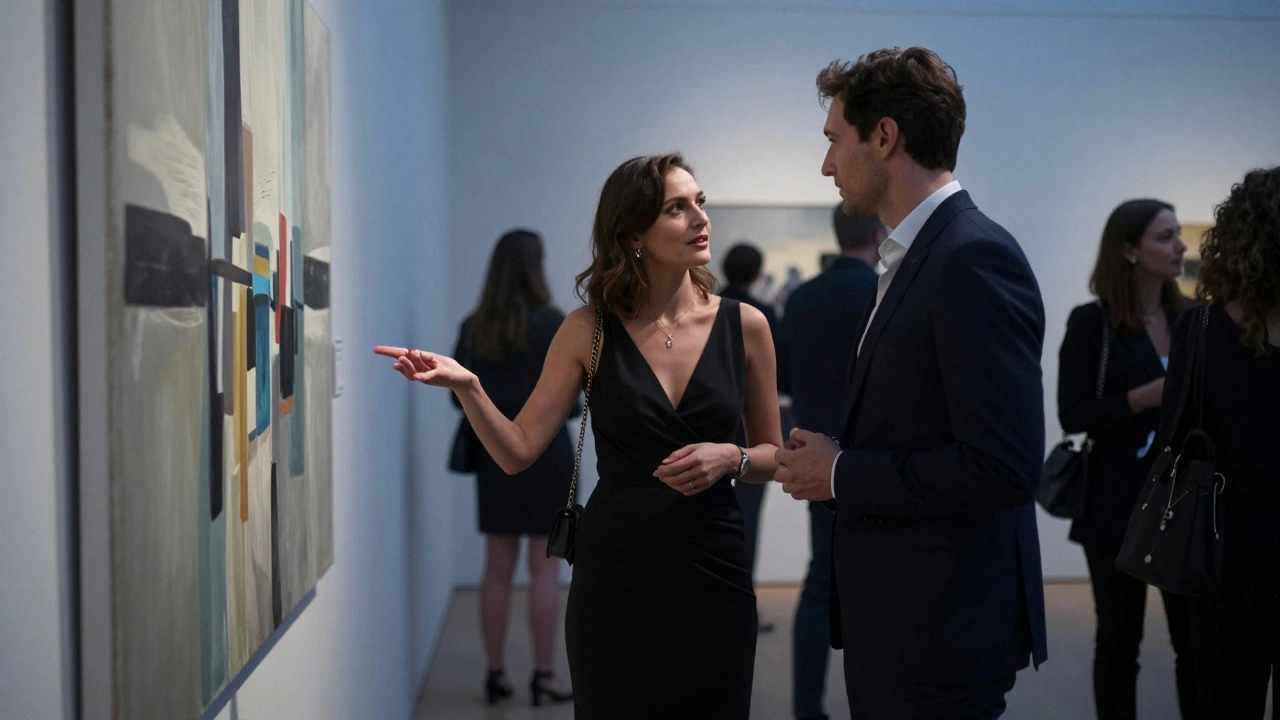 A woman in an elegant dress conversing with a man at an art gallery opening in Paris, focused and composed.
