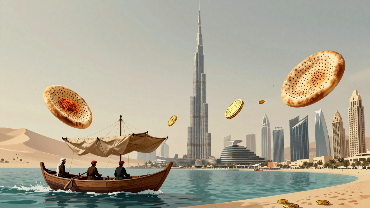 Split illustration showing pearl divers below and modern Dubai skyscrapers above with cultural symbols.
