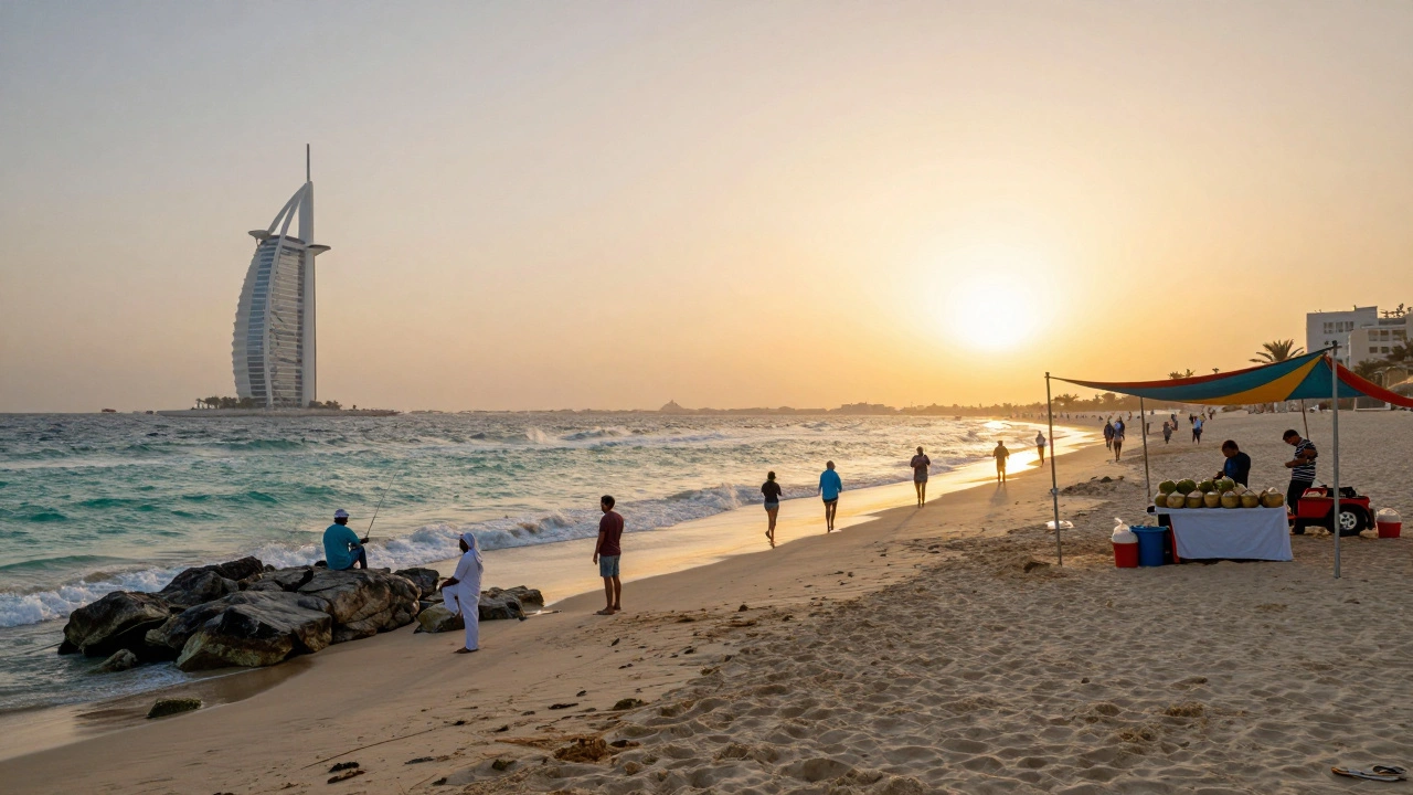Sunset at Jumeirah Beach with families fishing, runners, and vendors selling coconut water.